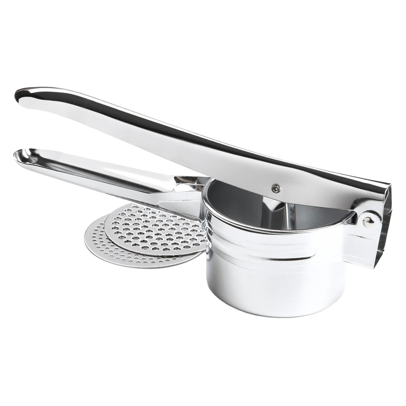 Polished metal potato ricer and fruit press featuring sturdy handles and perforated disc, designed for effortless food prep, ideal for Kitchen & Food and Cooking Helpers collections.