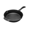 Black cast iron skillet with a long handle and pouring spouts, designed for versatile cooking indoors or outdoors, ideal for Farm, Garden & Tool and Cookware collections.