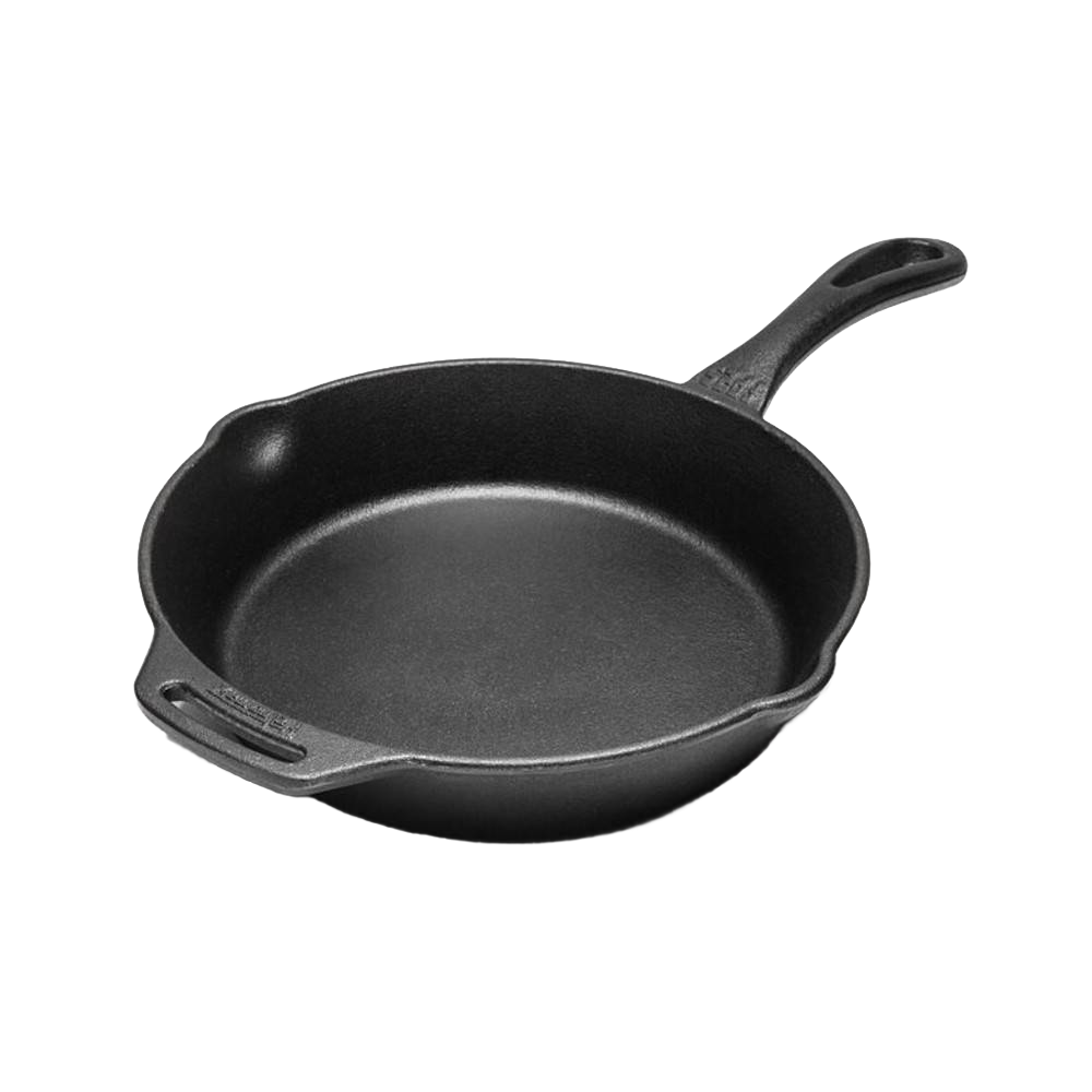 Black cast iron skillet with a long handle and pouring spouts, designed for versatile cooking indoors or outdoors, ideal for Farm, Garden & Tool and Cookware collections.