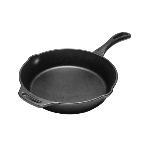 Black cast iron skillet with a long handle and pouring spouts, designed for versatile cooking indoors or outdoors, ideal for Farm, Garden & Tool and Cookware collections.