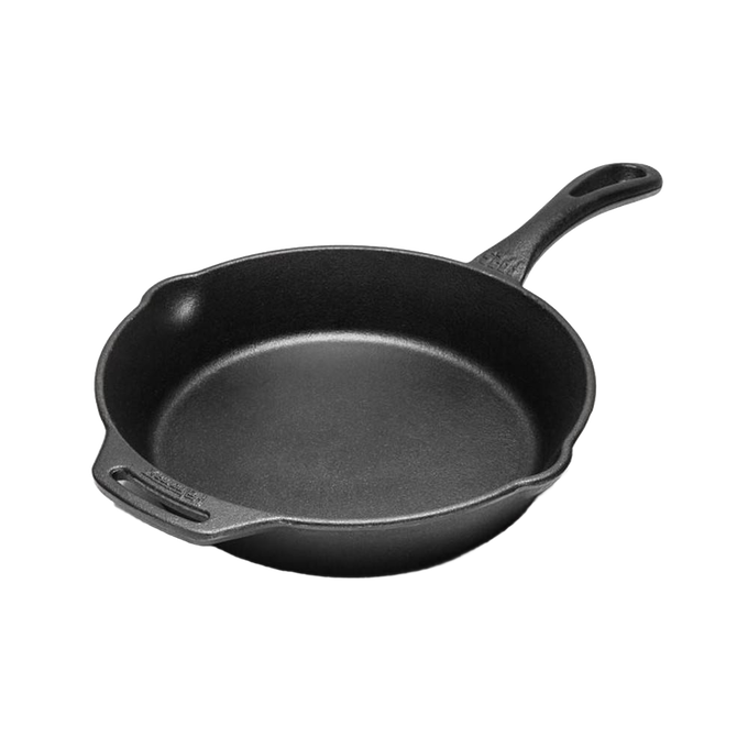 Black cast iron skillet with a long handle and pouring spouts, designed for versatile cooking indoors or outdoors, ideal for Farm, Garden & Tool and Cookware collections.