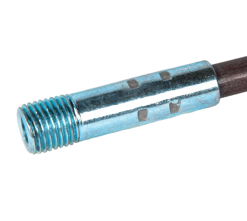 Close-up of a threaded metal connector attached to a durable fiberglass rod, designed for use with chimney brushes, suitable for stoves and hearth accessories collections.