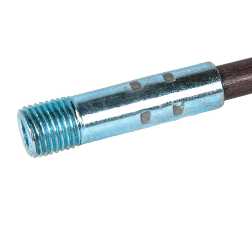 Close-up of a threaded metal connector attached to a durable fiberglass rod, designed for use with chimney brushes, suitable for stoves and hearth accessories collections.