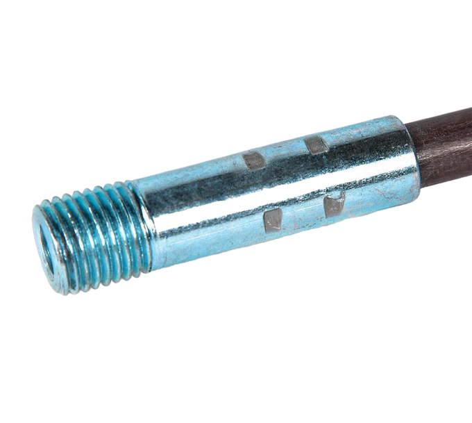Close-up of a threaded metal connector attached to a durable fiberglass rod, designed for use with chimney brushes, suitable for stoves and hearth accessories collections.