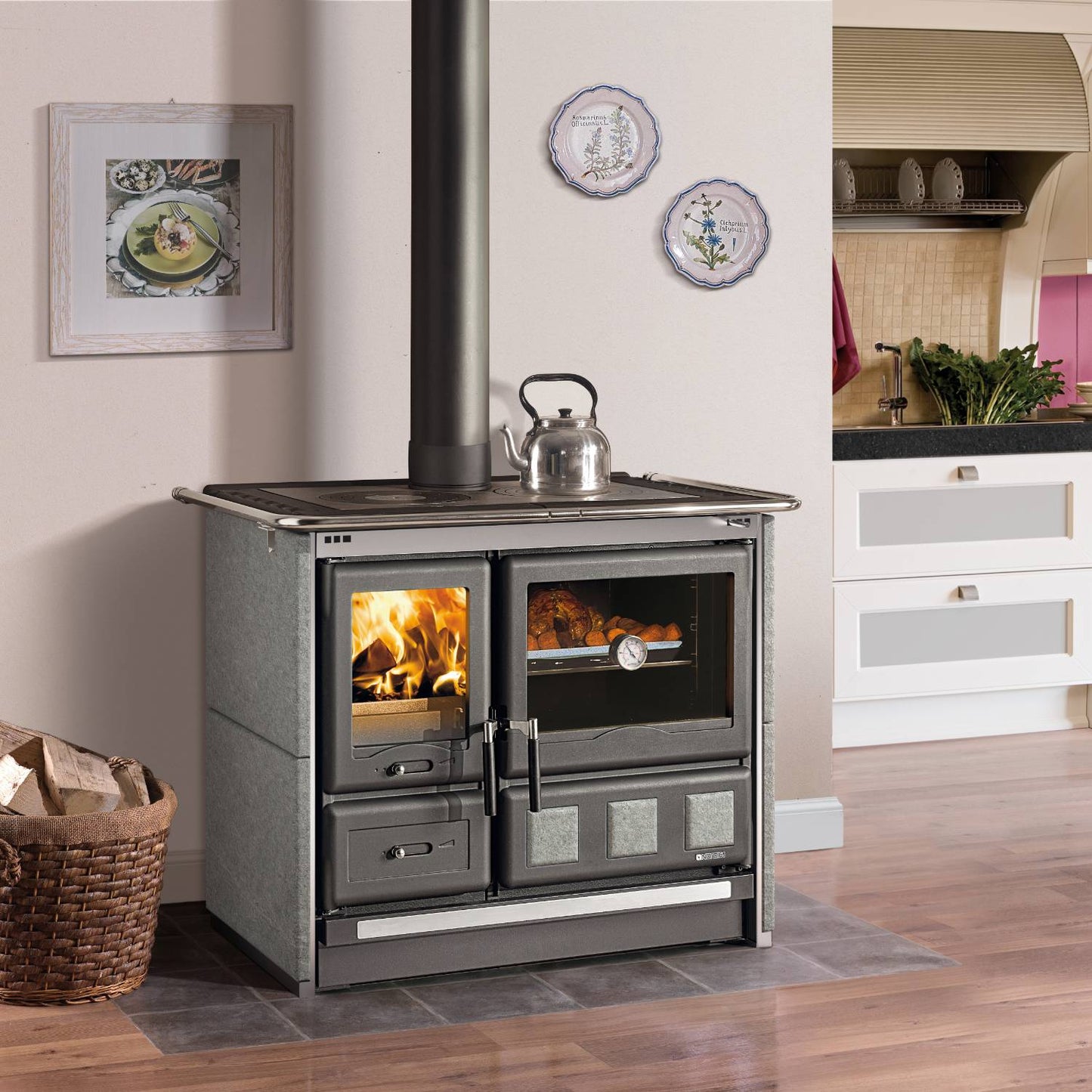 Wood-burning cook stove with porcelain enameled steel oven door, polished cast iron top cooking plates, and extractable ash drawer, set in a kitchen environment, perfect for Stoves and Cookstoves collections.