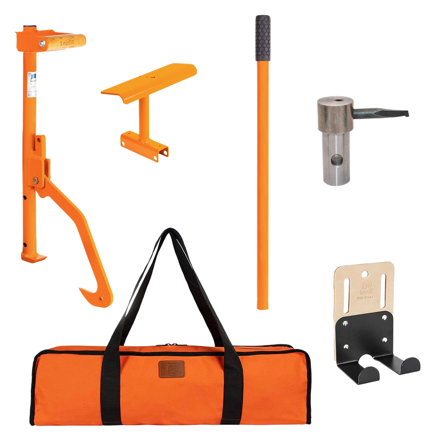 Set of handcrafted, made in USA orange steel wood hauling and splitting tools with carrying bag, including a multitool, log pickaroon, hauler holster, and handle, for Farm, Garden & Tool and Wood Cutting collections.