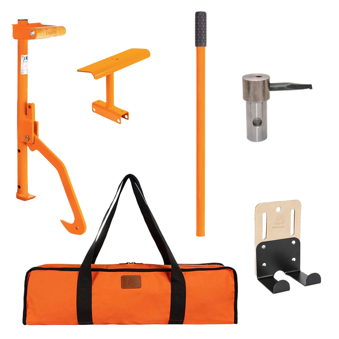 Set of handcrafted, made in USA orange steel wood hauling and splitting tools with carrying bag, including a multitool, log pickaroon, hauler holster, and handle, for Farm, Garden & Tool and Wood Cutting collections.