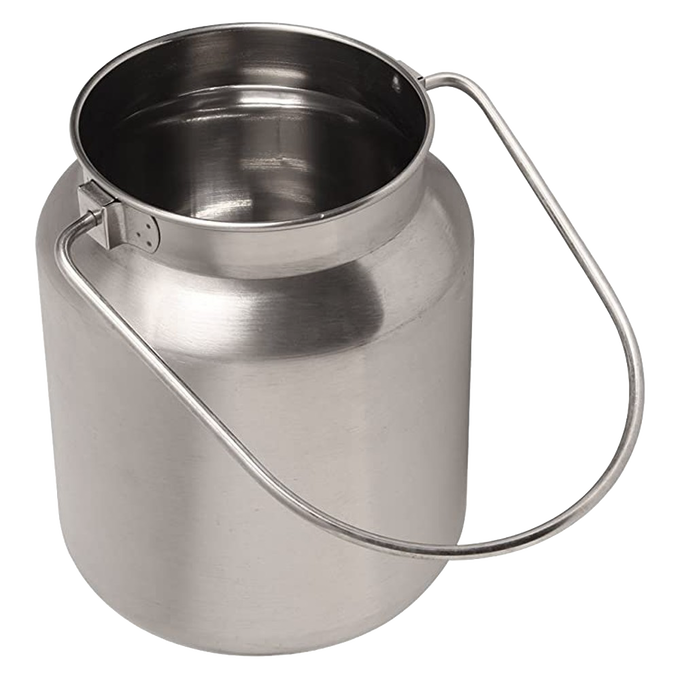 Handcrafted stainless steel 1-gallon milk can with a brushed finish and welded bail tabs, suitable for Home & Decor, Farm, Garden & Tool, Animal Care, and Best Sellers collections.