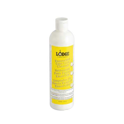 White plastic bottle of Lodge enameled cast iron cleaner with a bright yellow label, made in USA and ideal for Kitchen & Food, Cast Iron, Cookware, and Best Sellers collections.