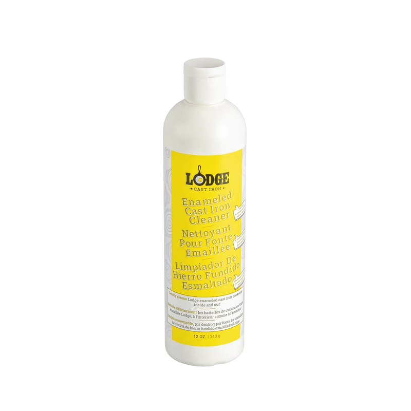 White plastic bottle of Lodge enameled cast iron cleaner with a bright yellow label, made in USA and ideal for Kitchen & Food, Cast Iron, Cookware, and Best Sellers collections.