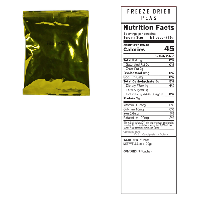 Reflective gold foil pouch package of freeze-dried peas with a nutrition facts label displayed beside it, ideal for Farm, Garden & Tool, Kitchen & Food, Emergency Supplies, and Freeze Dried collections.