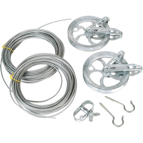 Complete clothesline kit featuring rustproof zinc pulleys, plastic-coated stranded wire cable, and metal hooks designed for durability in Home & Decor, Laundry Supplies, and Best Sellers collections.