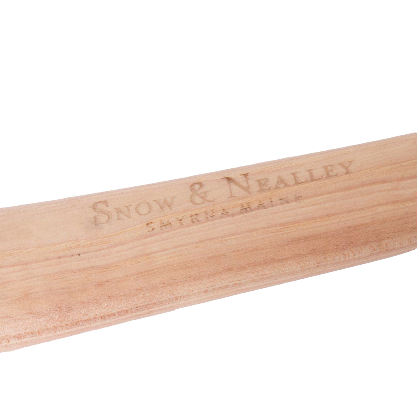 Close-up of smooth hickory handle with the embossed Snow & Nealley brand name, showcasing handcrafted Amish-made quality in woodcutting and camping tools.