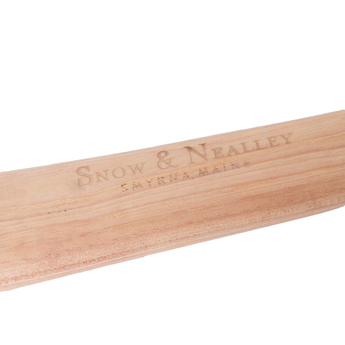 Close-up of smooth hickory handle with the embossed Snow & Nealley brand name, showcasing handcrafted Amish-made quality in woodcutting and camping tools.