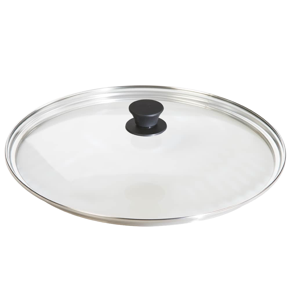 Round tempered glass lid with black knob handle, designed for cookware and cast iron pots and pans, part of Kitchen & Food and Best Sellers collections.