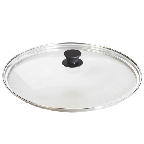 Round tempered glass lid with black knob handle, designed for cookware and cast iron pots and pans, part of Kitchen & Food and Best Sellers collections.