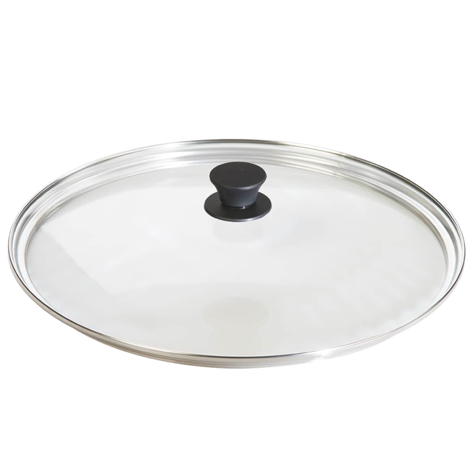 Round tempered glass lid with black knob handle, designed for cookware and cast iron pots and pans, part of Kitchen & Food and Best Sellers collections.