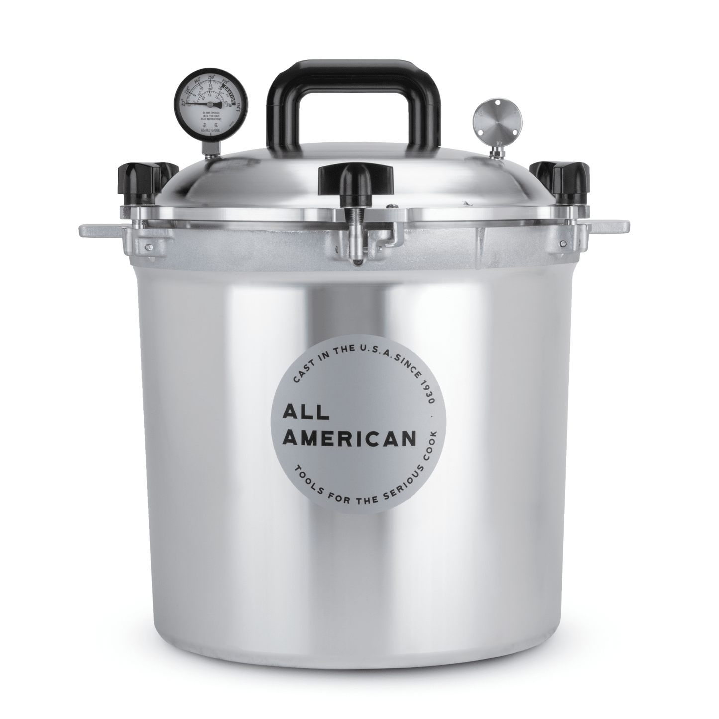 Sturdy pressure canner with cast aluminum body and secure locking lid featuring pressure gauge and steam vent, ideal for food preservation, kitchen & food, and USA made collections.