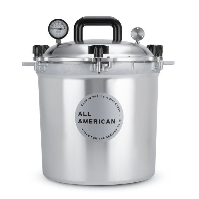 Sturdy pressure canner with cast aluminum body and secure locking lid featuring pressure gauge and steam vent, ideal for food preservation, kitchen & food, and USA made collections.
