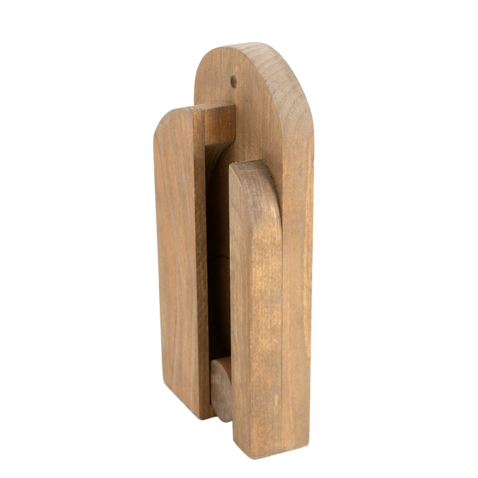 Handcrafted Amish made wooden wall-mount broom holder in natural finish with sliding wooden ball for secure broom storage, part of Home & Decor, Household Helpers, and USA Made collections.