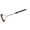 Barbecue brush with heavy-duty brass bristles and a black handle featuring a hanging loop, designed for durable grill cleaning without scratching porcelain grids, made in USA.