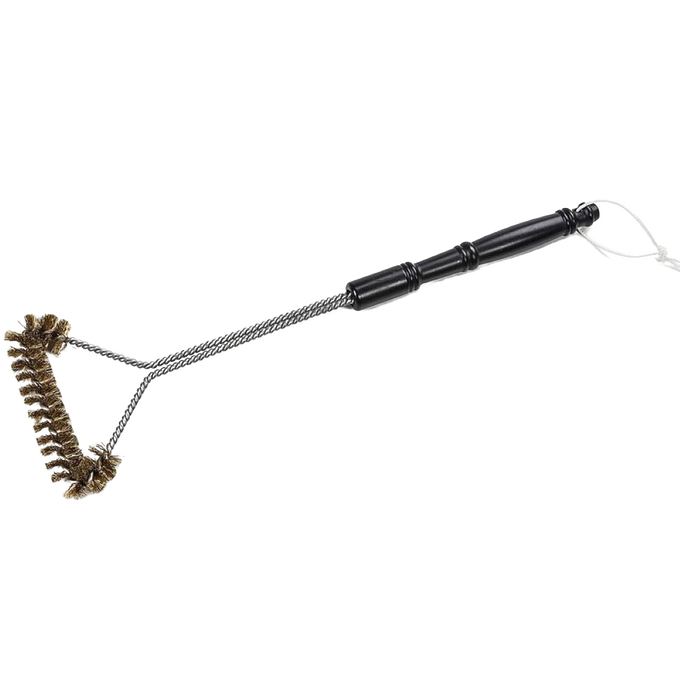 Barbecue brush with heavy-duty brass bristles and a black handle featuring a hanging loop, designed for durable grill cleaning without scratching porcelain grids, made in USA.
