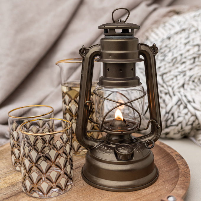 Handcrafted dark bronze galvanized oil lantern with heat-resistant SUPRAX globe, providing reliable light for camping, emergency supplies, and outdoor use in best sellers and promo collections.