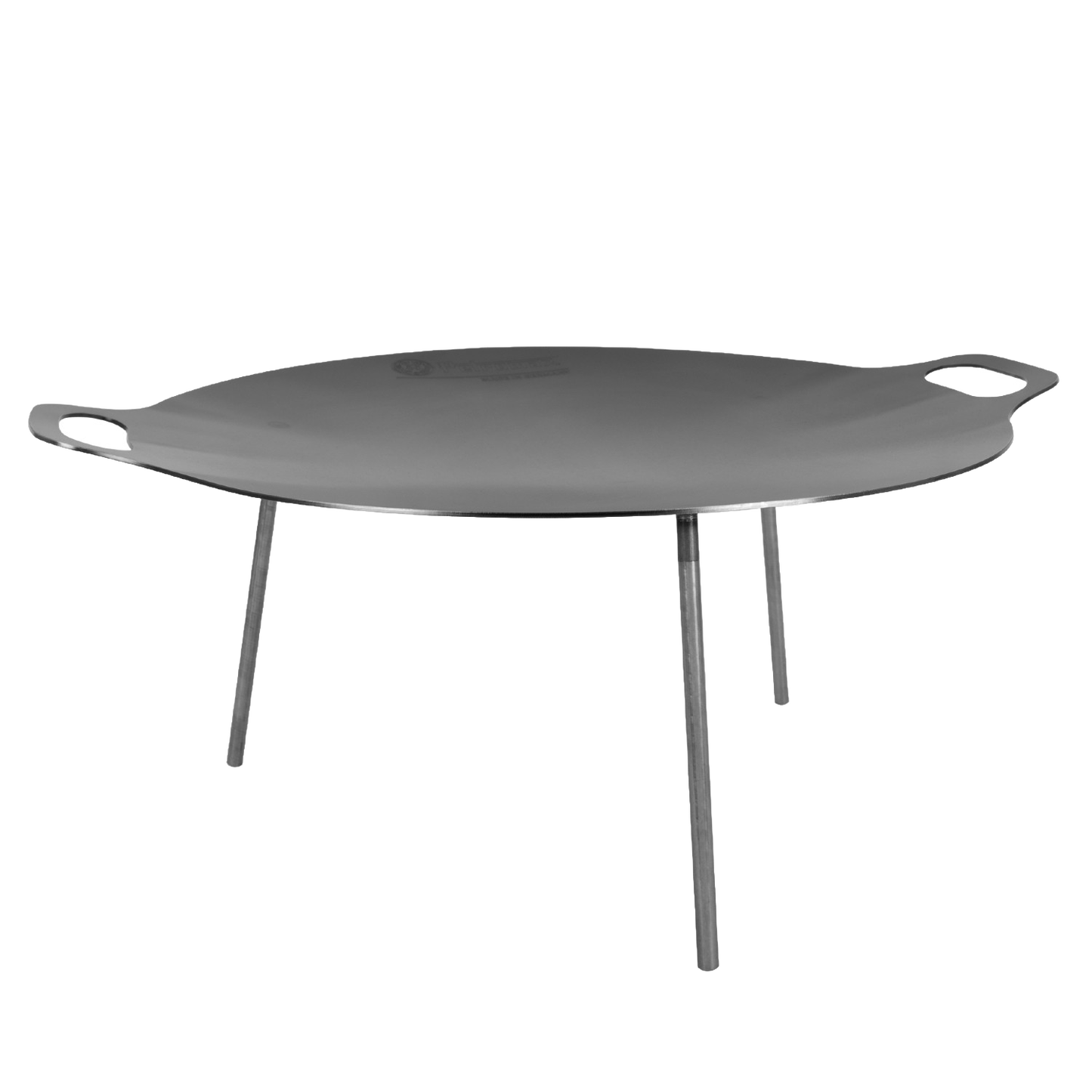 Round steel griddle with integrated handles and three sturdy legs, designed for versatile outdoor cooking, grilling, and frying in Farm, Garden & Tool, Camping, Best Sellers, and Promo Eligible collections.