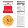 Freeze-dried cheesy macaroni meal pouch in bold red and white packaging with a creamy cheddar cheese sauce served on a white plate, shown with nutrition facts label, featured in Kitchen & Food, Emergency Supplies, and Pantry collections.