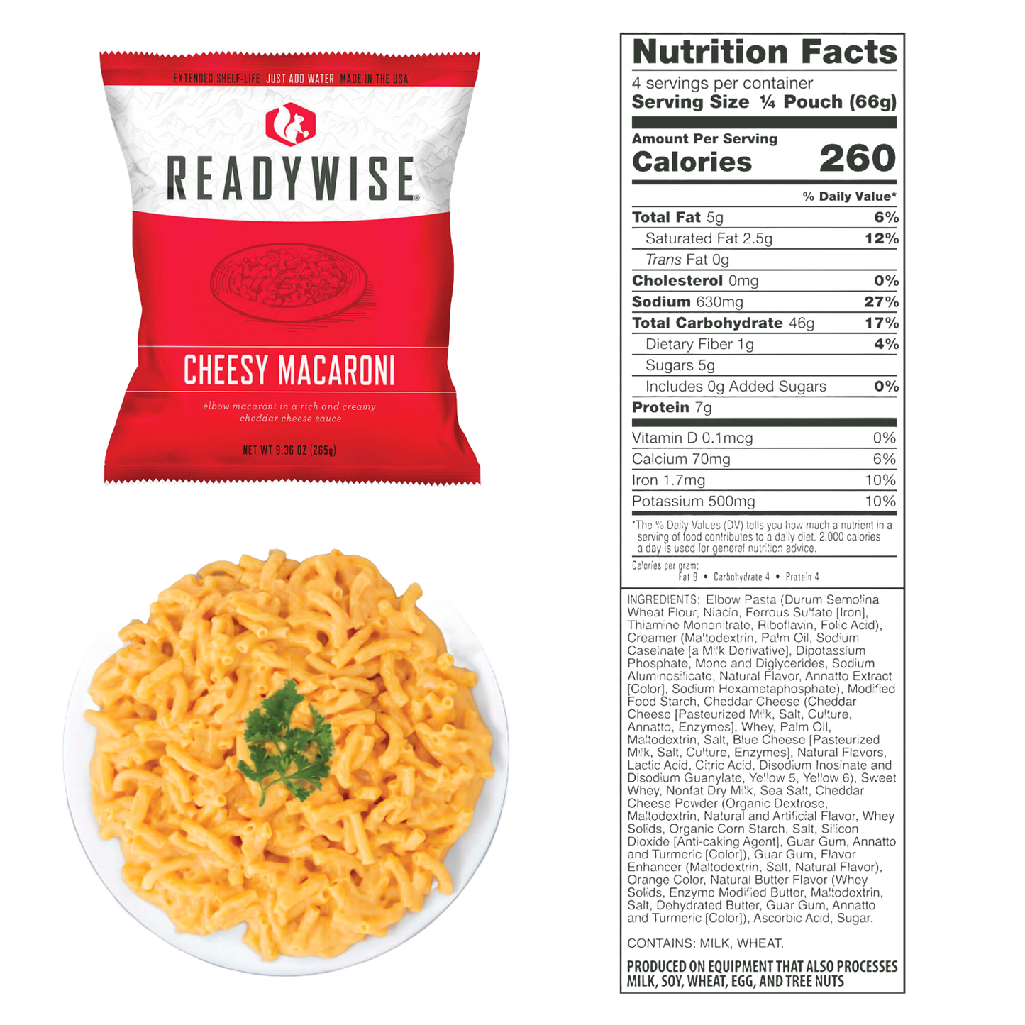 Freeze-dried cheesy macaroni meal pouch in bold red and white packaging with a creamy cheddar cheese sauce served on a white plate, shown with nutrition facts label, featured in Kitchen & Food, Emergency Supplies, and Pantry collections.