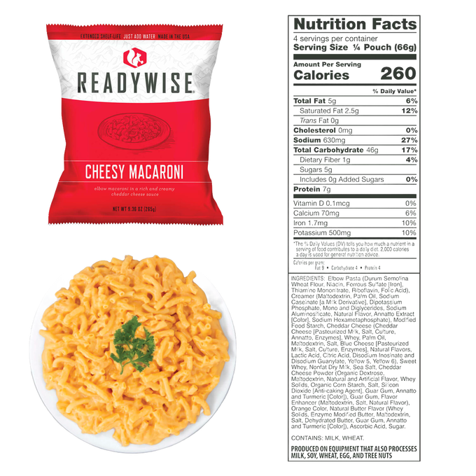Freeze-dried cheesy macaroni meal pouch in bold red and white packaging with a creamy cheddar cheese sauce served on a white plate, shown with nutrition facts label, featured in Kitchen & Food, Emergency Supplies, and Pantry collections.