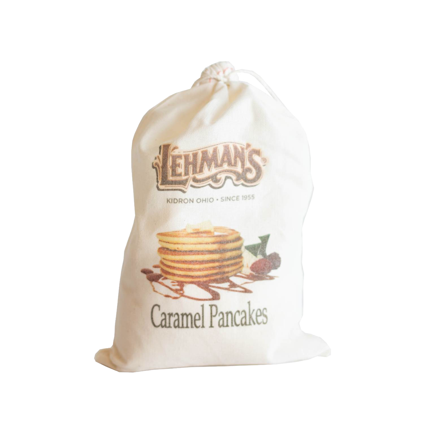 Natural fabric drawstring bag of handcrafted Lehman's caramel pancake mix featuring an illustration of a stack of pancakes with caramel drizzle, ideal for Kitchen & Food, Pantry, Dry Goods and Mixes, Best Sellers, and Promo Eligible collections.