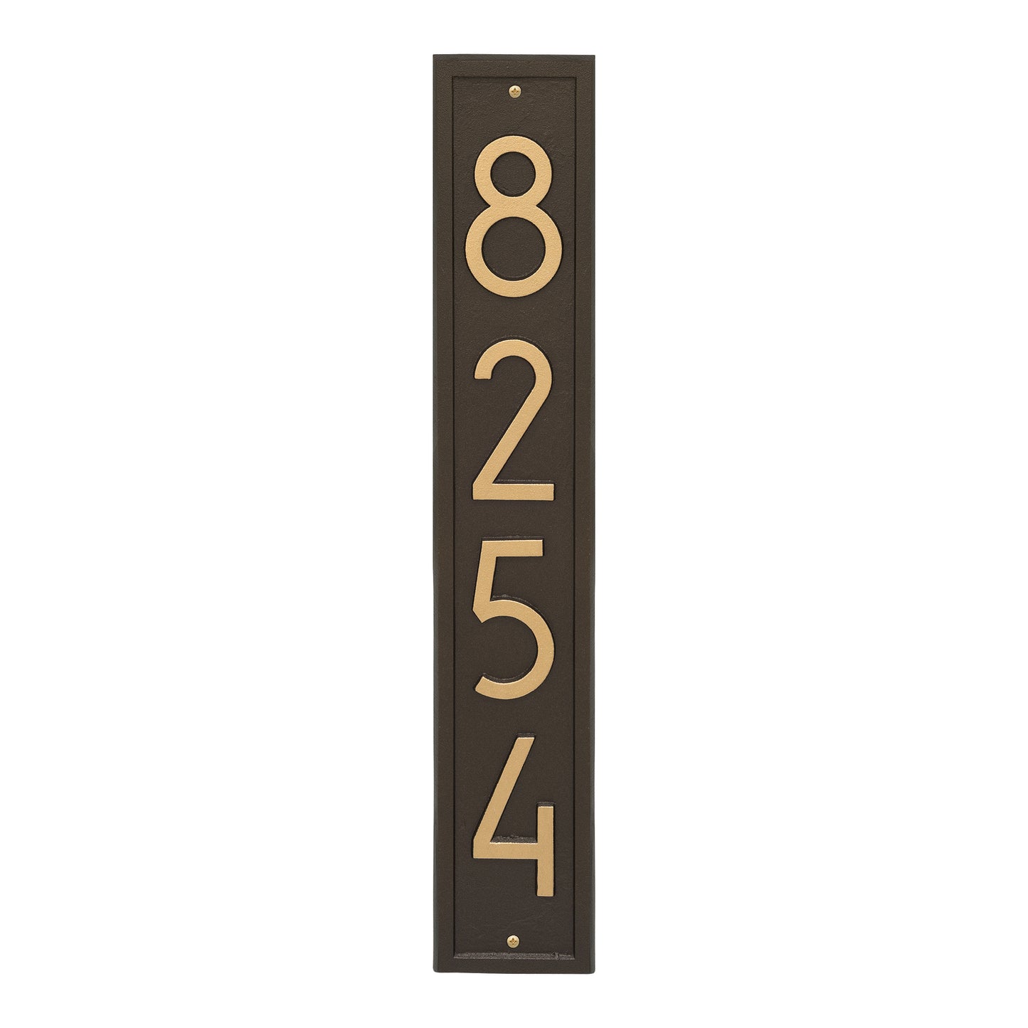 Handcrafted vertical address plaque in aged bronze with modern large numbers, made in USA, designed to enhance curb appeal in Home & Decor and Mailboxes and Address Signs collections.