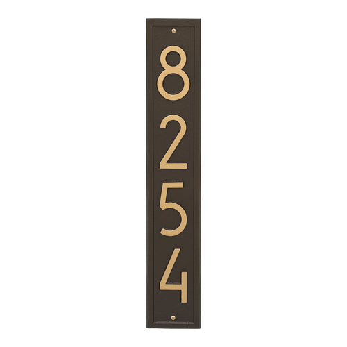 Handcrafted vertical address plaque in aged bronze with modern large numbers, made in USA, designed to enhance curb appeal in Home & Decor and Mailboxes and Address Signs collections.