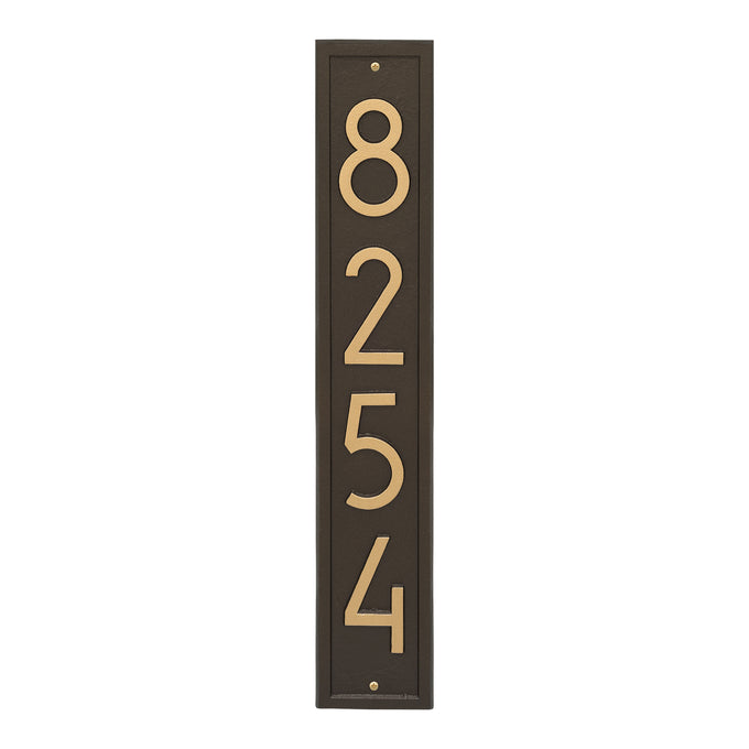 Handcrafted vertical address plaque in aged bronze with modern large numbers, made in USA, designed to enhance curb appeal in Home & Decor and Mailboxes and Address Signs collections.