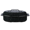 Oval graniteware roaster with speckled black enamel-on-steel finish, featuring a domed lid with self-basting dimples, handcrafted for Kitchen & Food, Cookware, and Best Sellers collections.