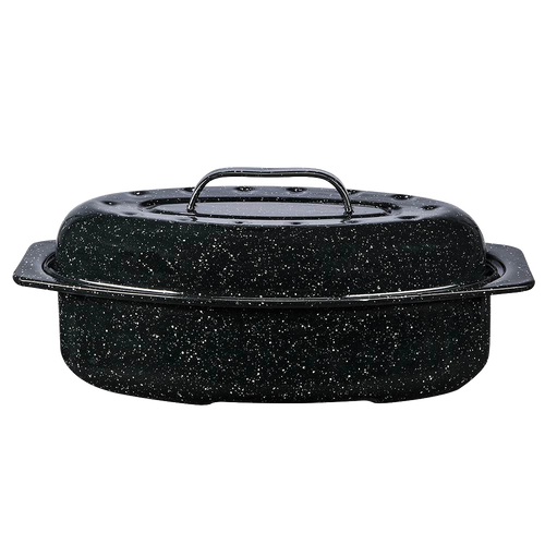 Oval graniteware roaster with speckled black enamel-on-steel finish, featuring a domed lid with self-basting dimples, handcrafted for Kitchen & Food, Cookware, and Best Sellers collections.
