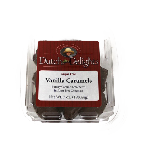 Handcrafted 7-ounce container of sugar-free vanilla caramels with buttery caramel and sugar-free chocolate, made in USA, featured in Kitchen & Food, Snacks and Sweets, and Candy collections.