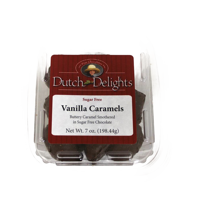 Handcrafted 7-ounce container of sugar-free vanilla caramels with buttery caramel and sugar-free chocolate, made in USA, featured in Kitchen & Food, Snacks and Sweets, and Candy collections.