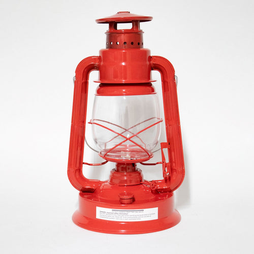 Bright red handcrafted Rayo Redi-Lite Lantern with clear glass globe and durable metal frame, designed for weather-resistant use in Farm, Garden & Tool, Camping, Emergency Supplies, and Lamps & Lighting collections.