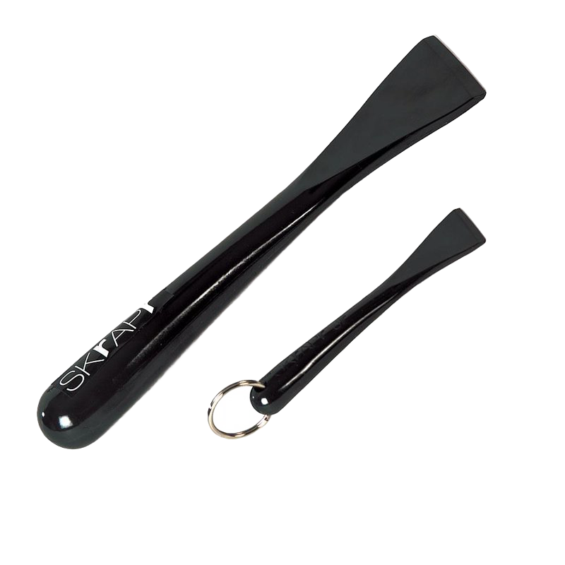 Set of two sleek, hard resin cleaning tools with smooth black finish, designed for faster cleanup on glass-top stoves, cookware, and hardwood floors, featured in household cleaning collections.