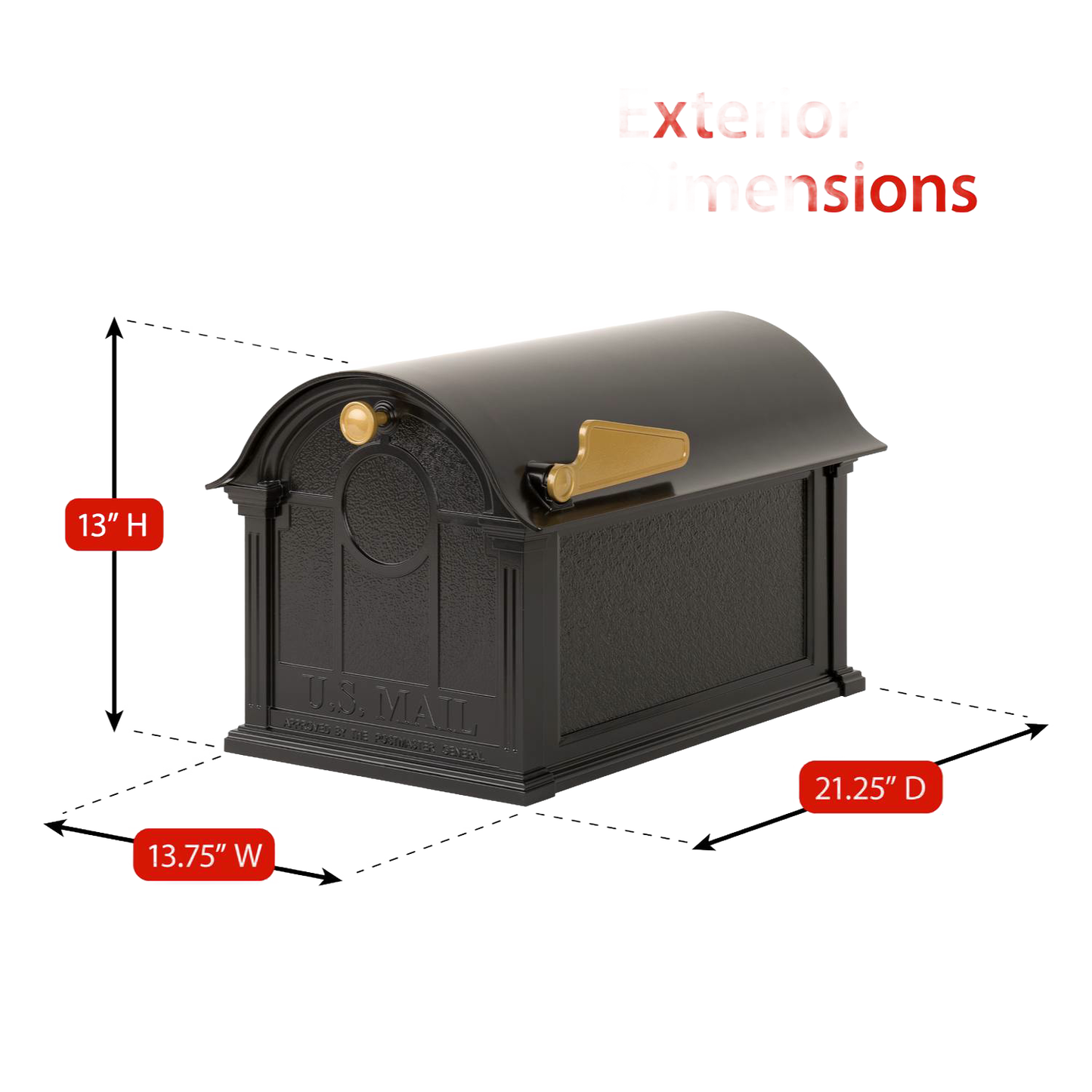 Handcrafted black and gold mailbox measuring 13 by 13.75 by 21.25 inches, designed to enhance curb appeal, made in USA for Home & Decor and Mailboxes collections.