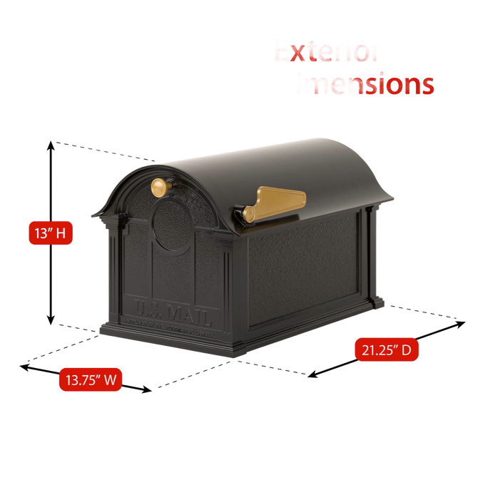 Handcrafted black and gold mailbox measuring 13 by 13.75 by 21.25 inches, designed to enhance curb appeal, made in USA for Home & Decor and Mailboxes collections.