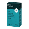 Box packaging for a homeopathic acne treatment product featuring a blue and black design, highlighting a bioactive formula included in Health & Wellness and Grooming collections.