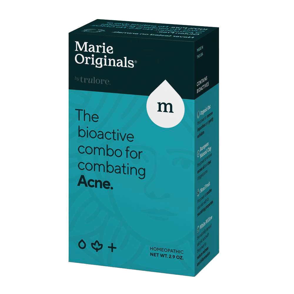 Box packaging for a homeopathic acne treatment product featuring a blue and black design, highlighting a bioactive formula included in Health & Wellness and Grooming collections.