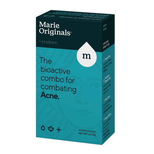 Box packaging for a homeopathic acne treatment product featuring a blue and black design, highlighting a bioactive formula included in Health & Wellness and Grooming collections.