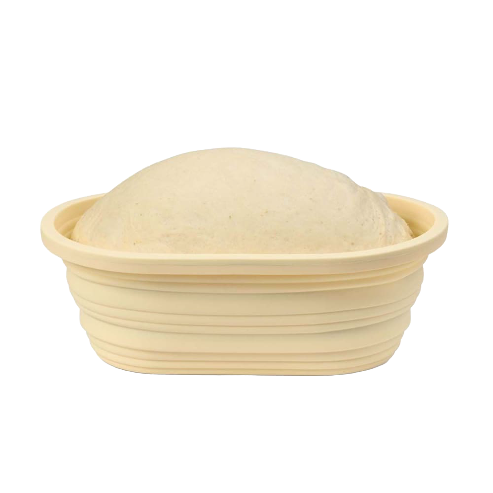 Light beige collapsible bread proofing basket with concentric ridges supporting dough rising, made from silicone with steel rim, suitable for Kitchen & Food, Baking Supplies, and Bread Making collections.