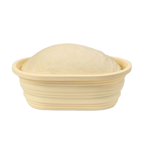 Light beige collapsible bread proofing basket with concentric ridges supporting dough rising, made from silicone with steel rim, suitable for Kitchen & Food, Baking Supplies, and Bread Making collections.
