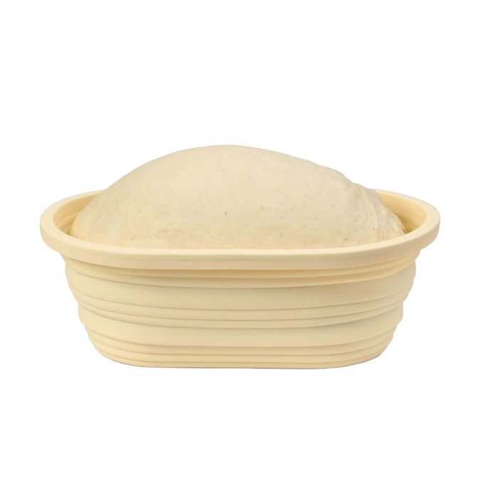 Light beige collapsible bread proofing basket with concentric ridges supporting dough rising, made from silicone with steel rim, suitable for Kitchen & Food, Baking Supplies, and Bread Making collections.