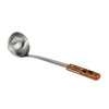 Large stainless steel soup ladle with a wooden handle engraved with a logo, designed for easy serving in camping, kitchen, and farm settings, part of popular cookware collections.